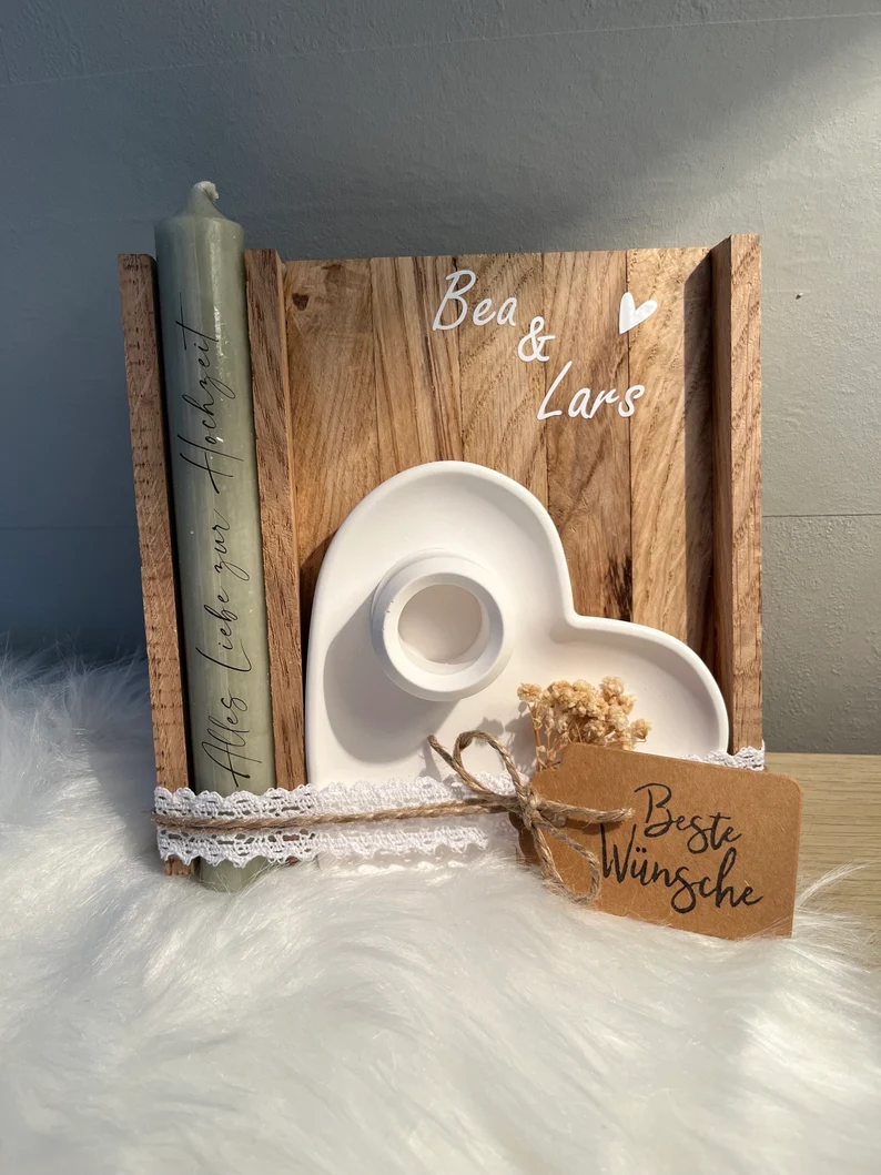 Geschenkset Hochzeit| Kerze mit Kerzenteller | Herz | personalisiert