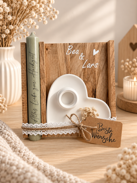 Geschenkset Hochzeit| Kerze mit Kerzenteller | Herz | personalisiert