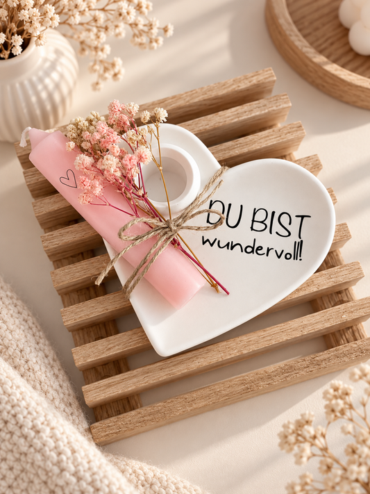 Geschenk Herz "du bist wundervoll!" | Kerze | Kerzenständer |